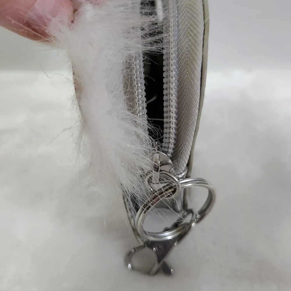 Target Owl Faux Leather Fur Trim White Silver Glitter Coin Purse Keychain NWOT